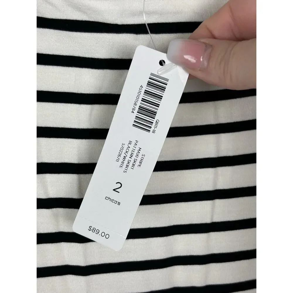 NEW Chicos Women’s Skirt Sz 2/Large Black White Striped Comfort Stretch Vacation